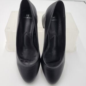 Womens Halston Black Dejavu Pebble Leather Pump Chunky Block Heel Size 9.5